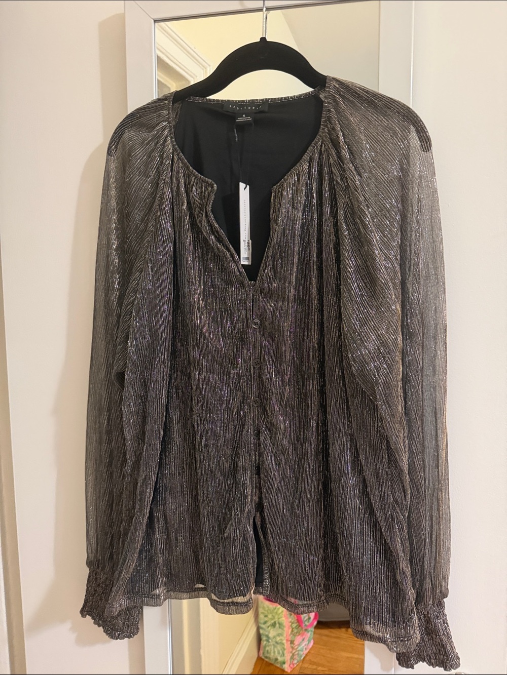 Sanctuary Shimmery Gray Metallic Button-Front Blouse